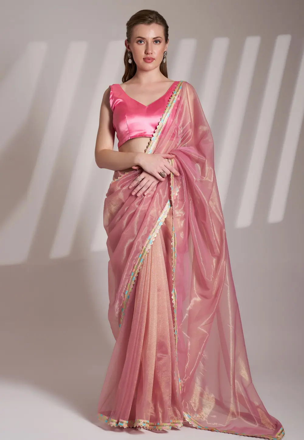 Peach Net Saree With Blouse 304536