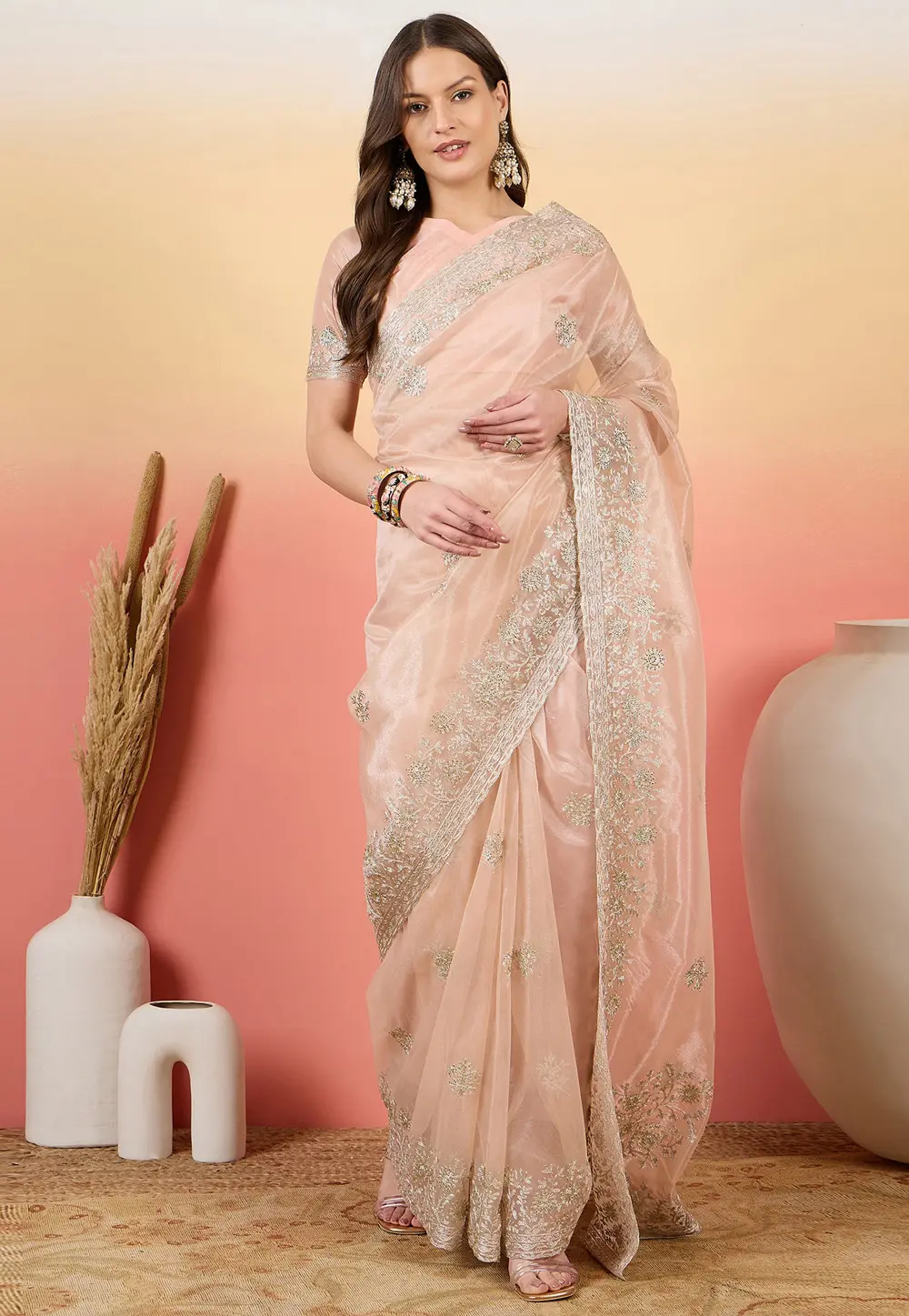 Peach Net Saree With Blouse 304683