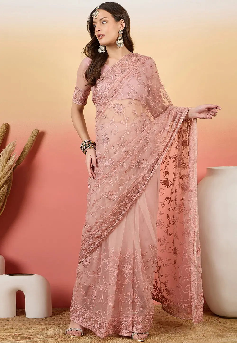 Peach Net Saree With Blouse 304655