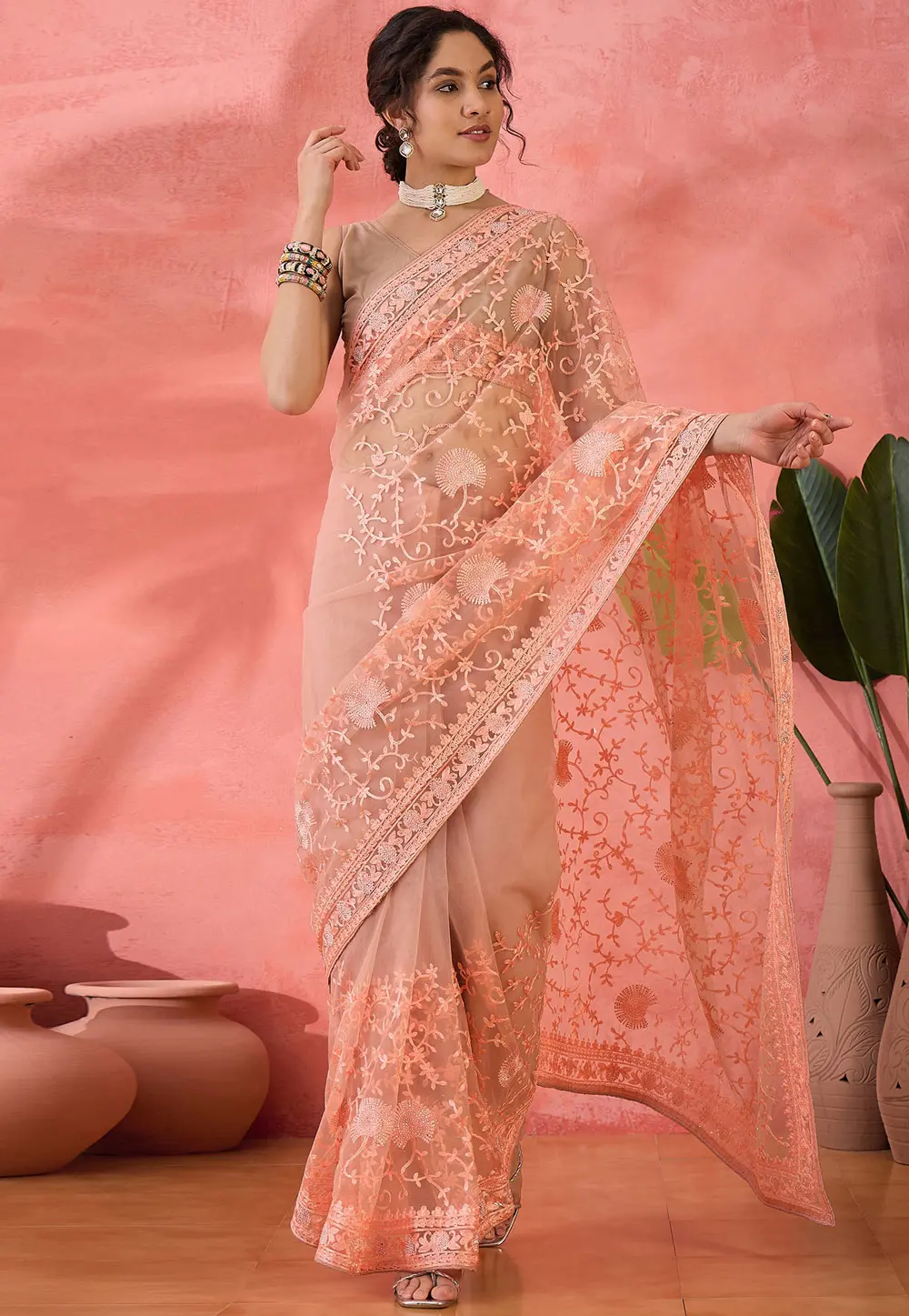 Peach Net Saree With Blouse 304660