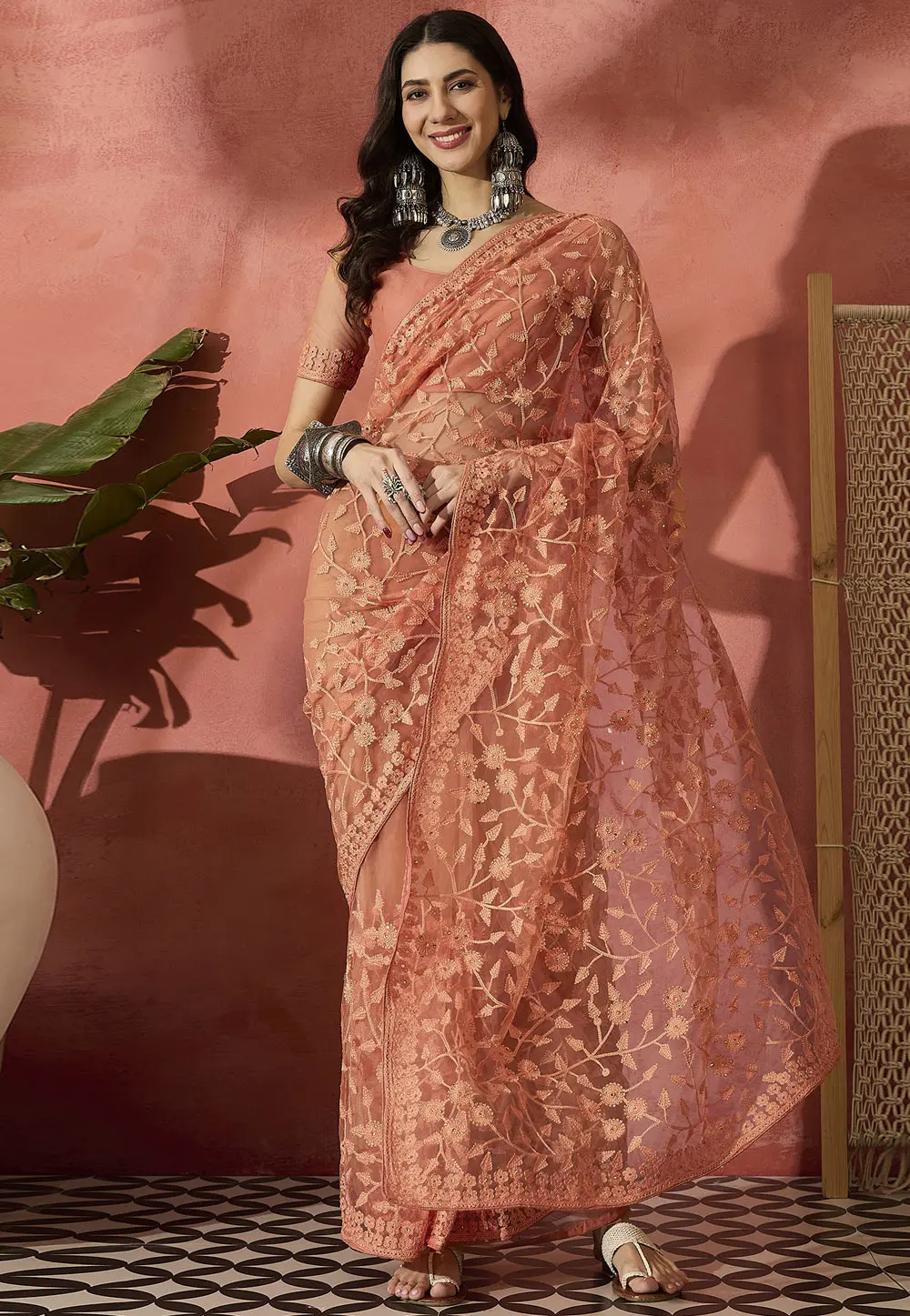 Peach Net Saree With Blouse 304669