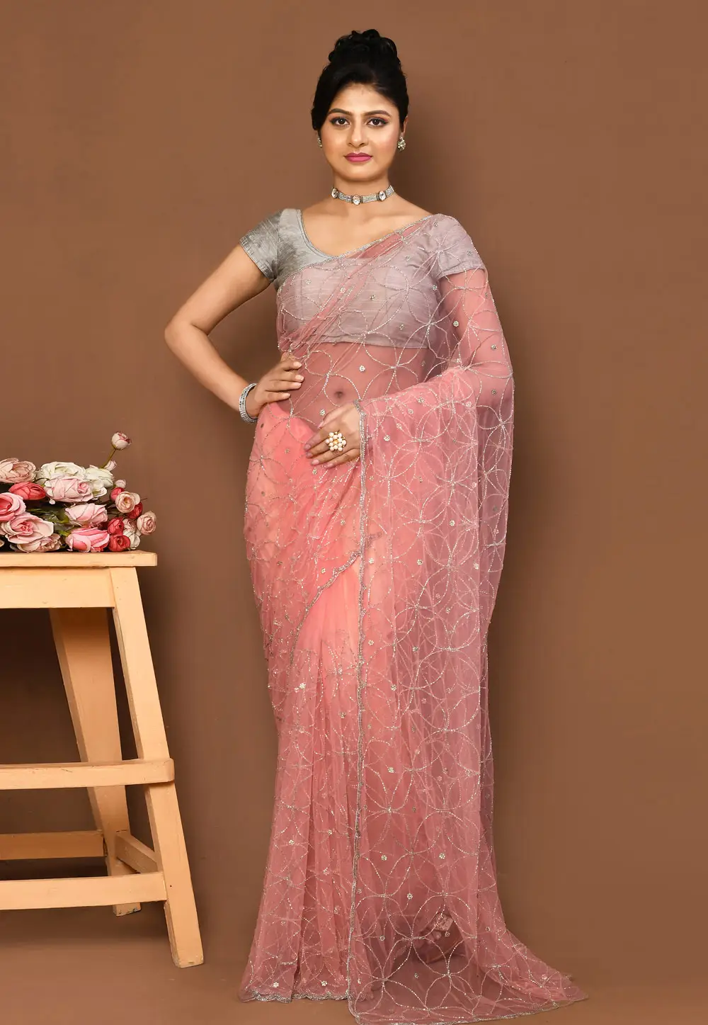 Peach Net Saree With Blouse 295965