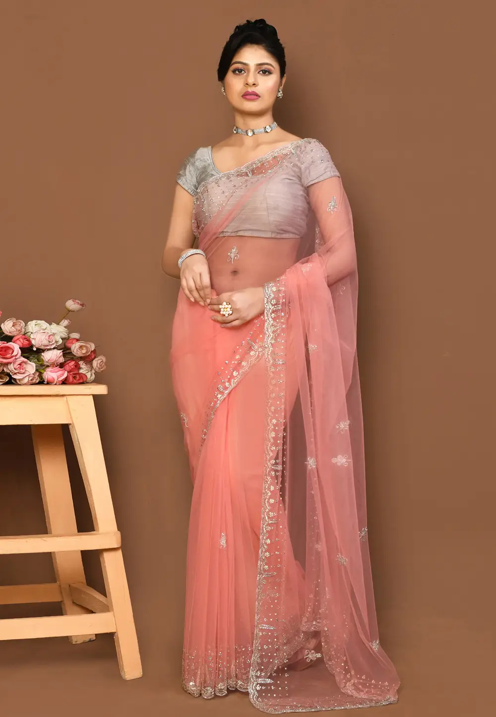 Peach Net Saree With Blouse 295997