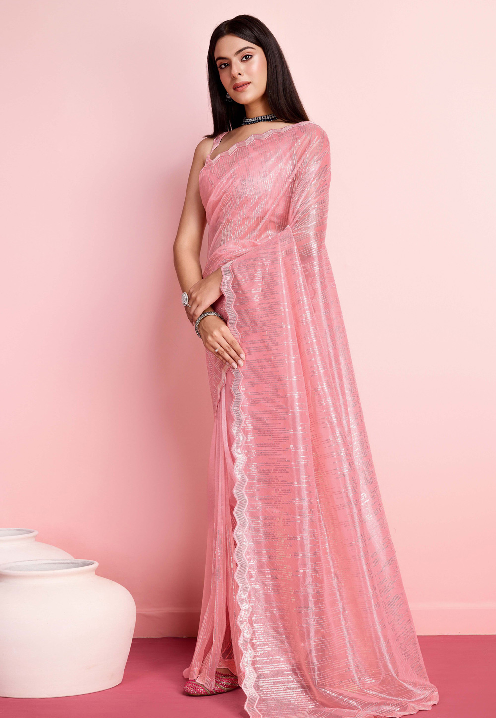 Peach Net Sequence Saree 287166