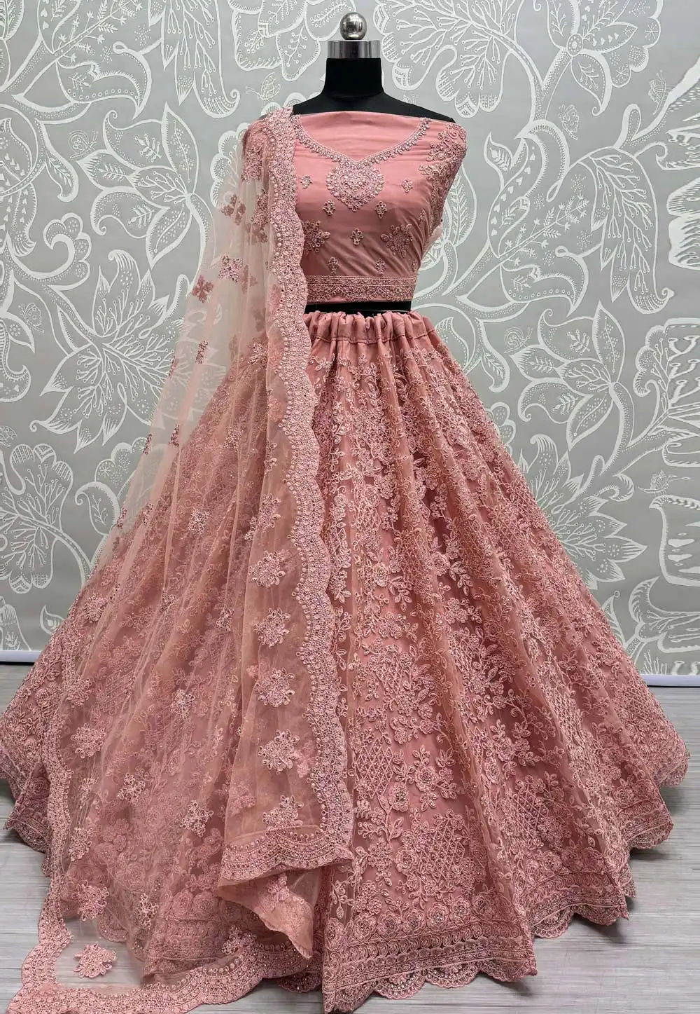 Peach Net Wedding Lehenga Choli 289832