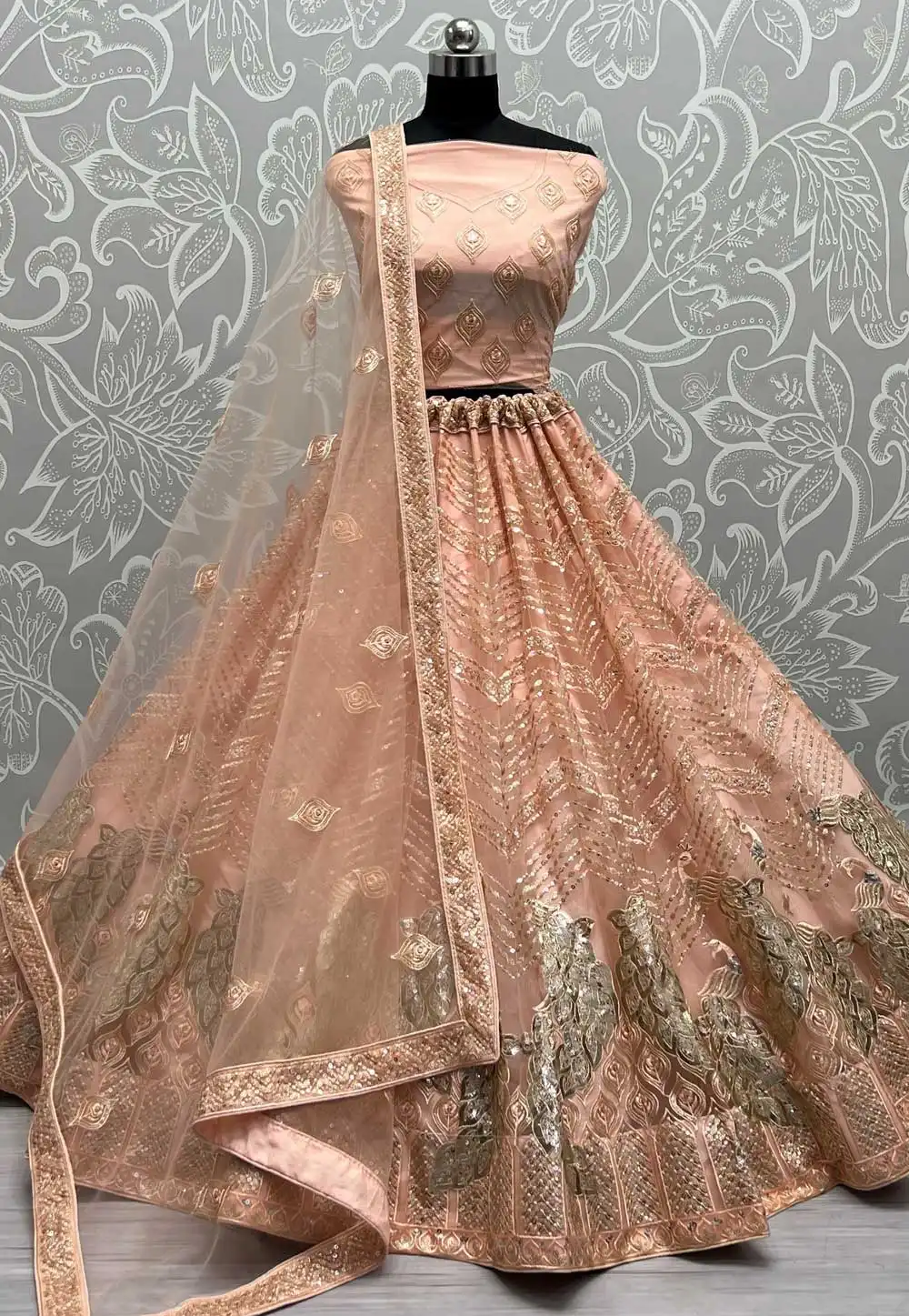 Peach Net Wedding Lehenga Choli 293712