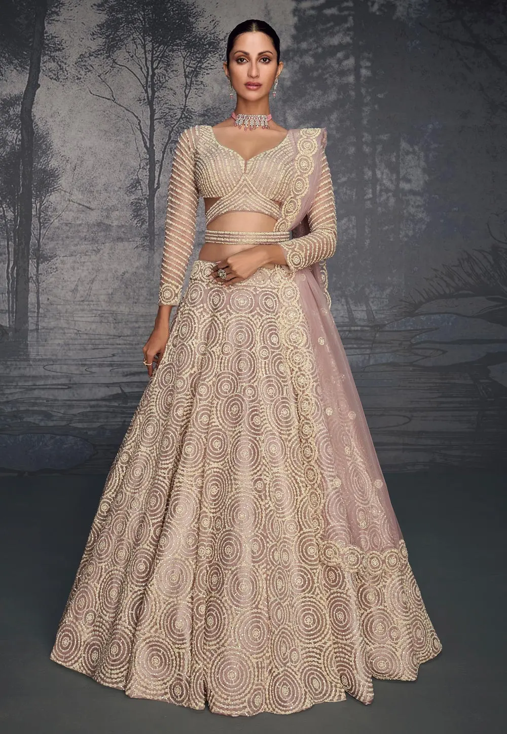 Peach Net Wedding Lehenga Choli 297339