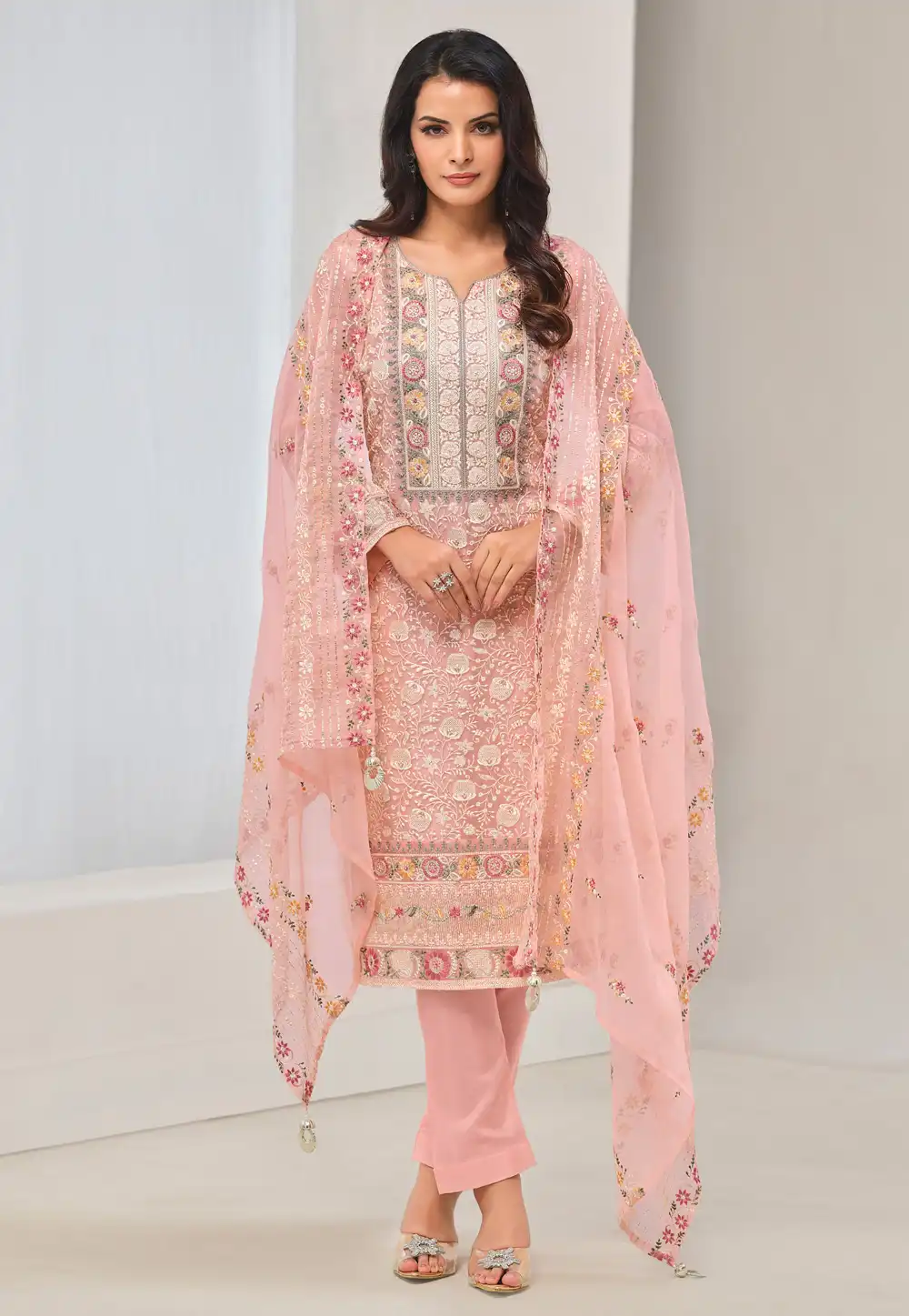 Peach Organza Embroidered Pakistani Suit 292045