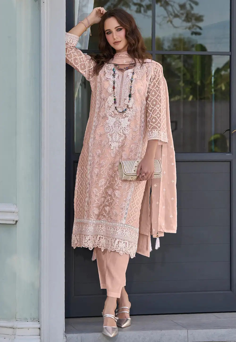 Peach Organza Embroidered Readymade Pant Style Suit 291161