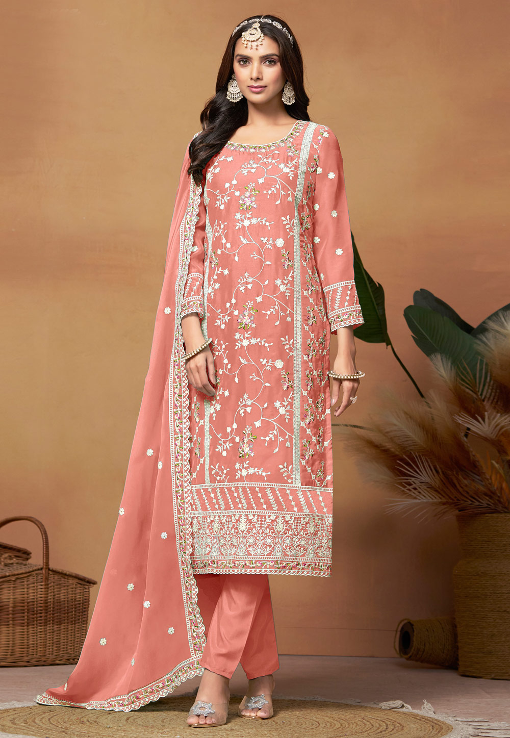 Peach Organza Embroidered Straight Suit 287479