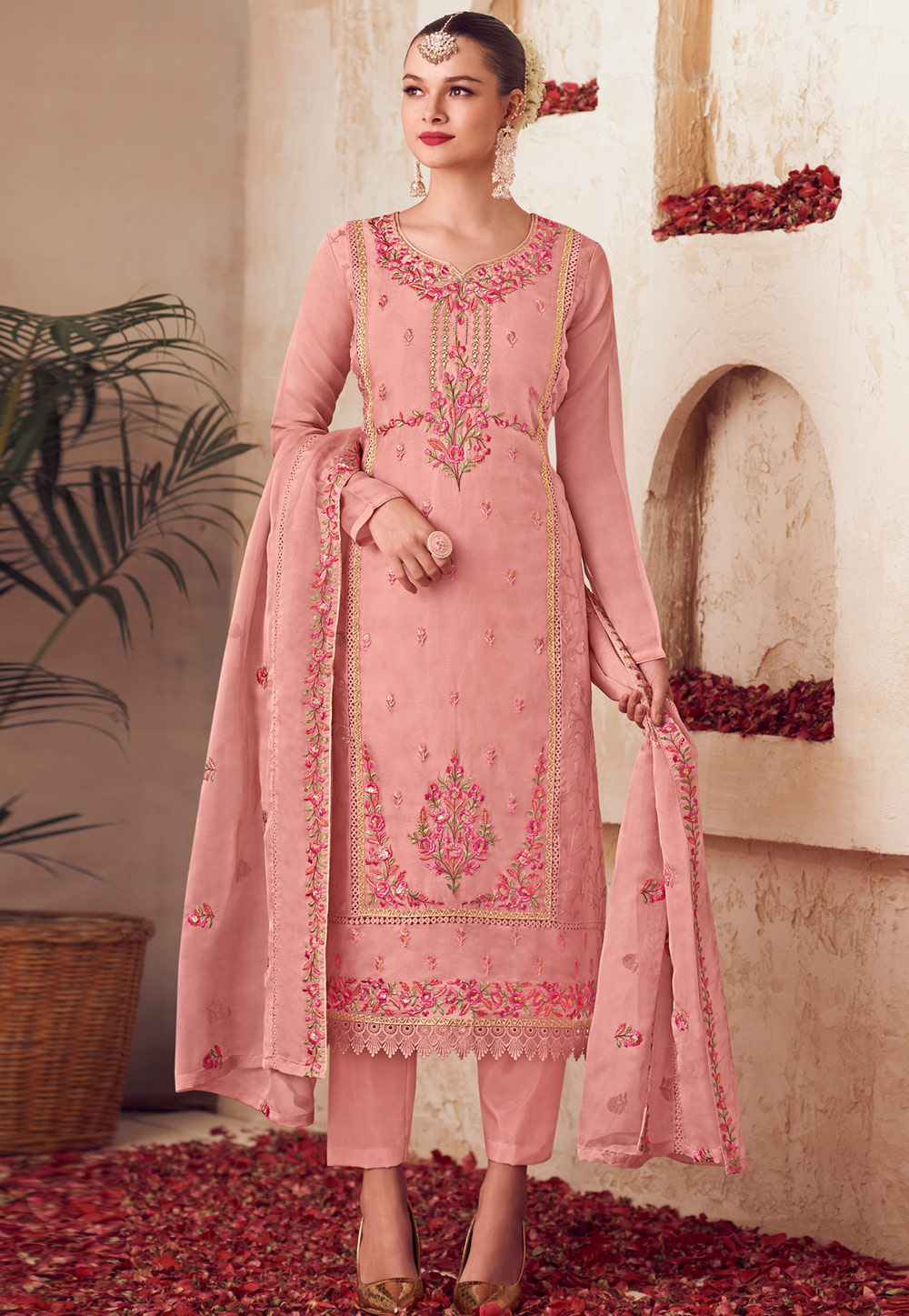 Peach Organza Pant Style Suit 310709