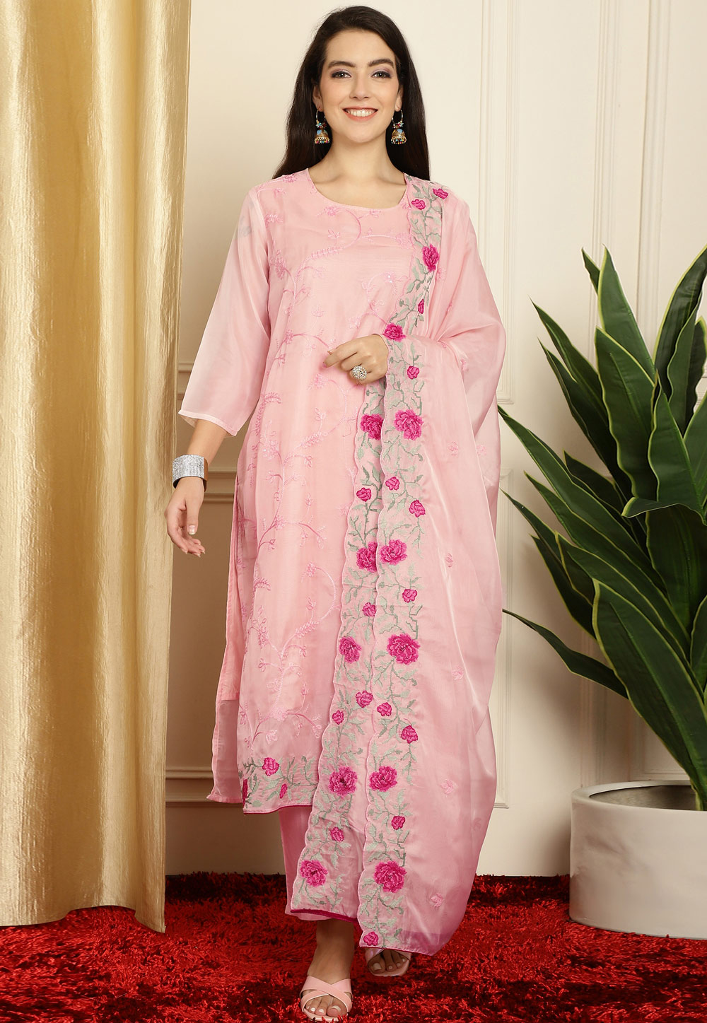 Peach Organza Pant Style Suit 311095
