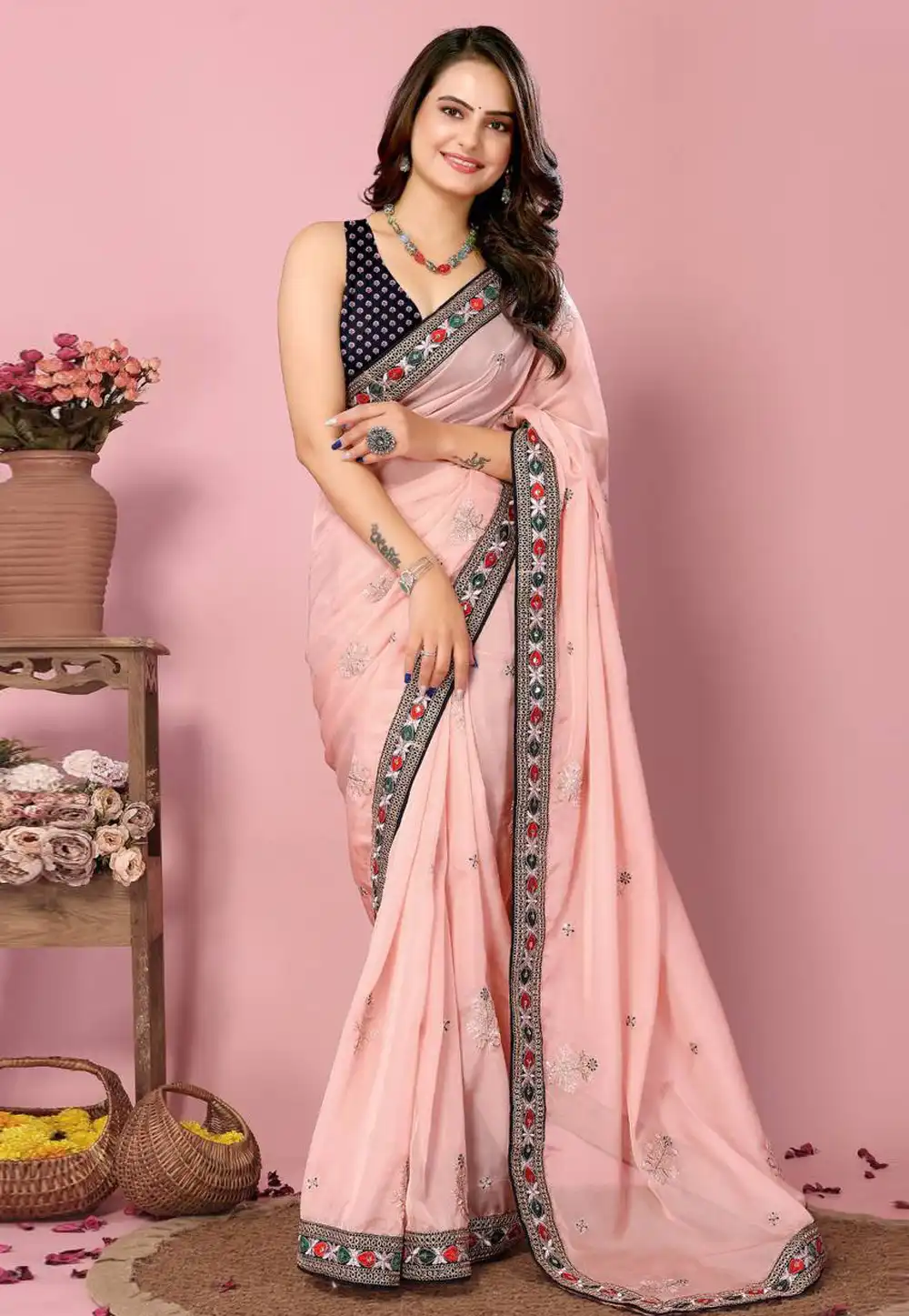 Peach Organza Saree With Blouse 288906