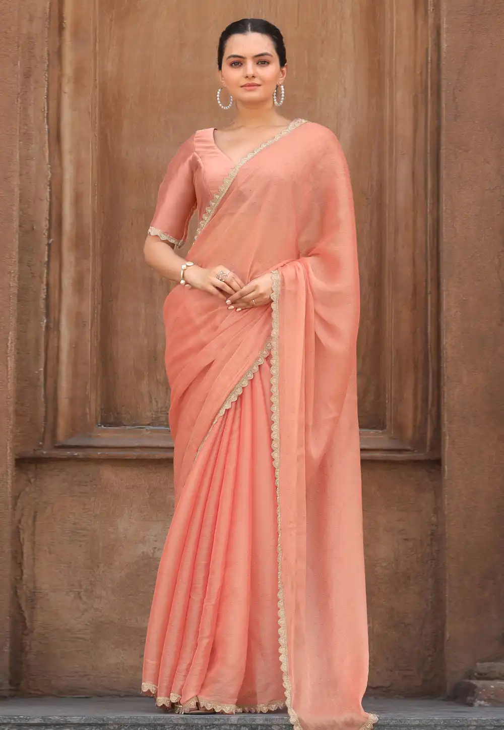 Peach Organza Saree With Blouse 289310