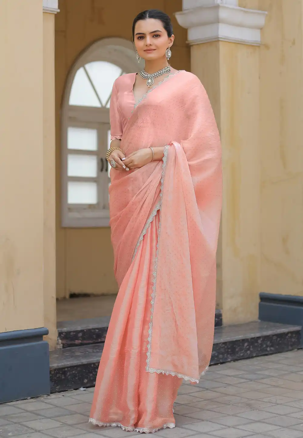 Peach Organza Saree With Blouse 289305