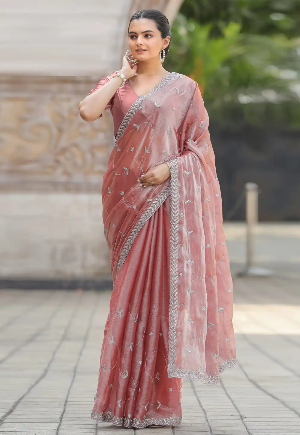 Peach Organza Saree With Blouse 289392