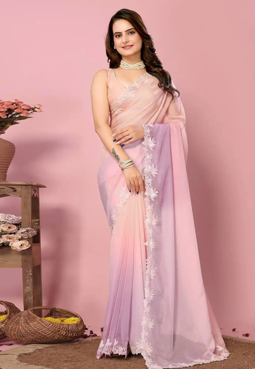 Peach Organza Saree With Blouse 288403