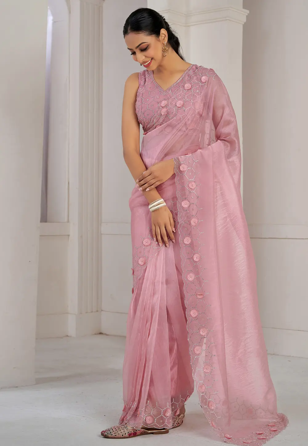 Peach Organza Saree With Blouse 299472