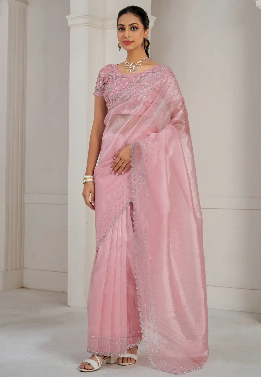 Peach Organza Saree With Blouse 300564