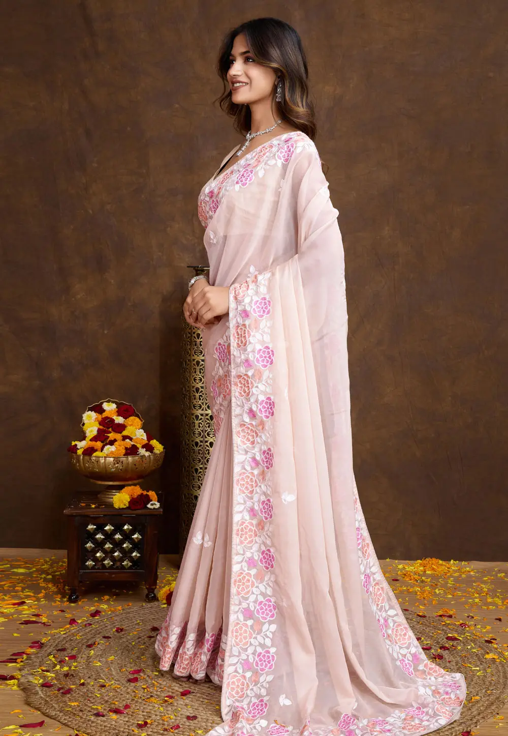 Peach Organza Saree With Blouse 297034