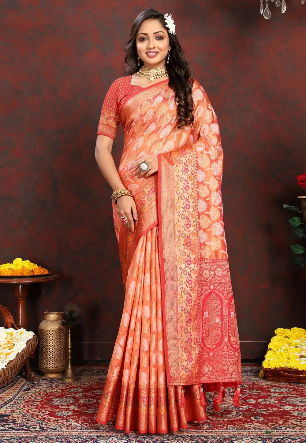 Peach Organza Saree With Blouse 300512