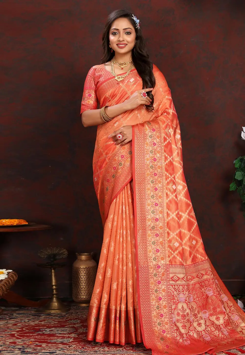 Peach Organza Saree With Blouse 300521