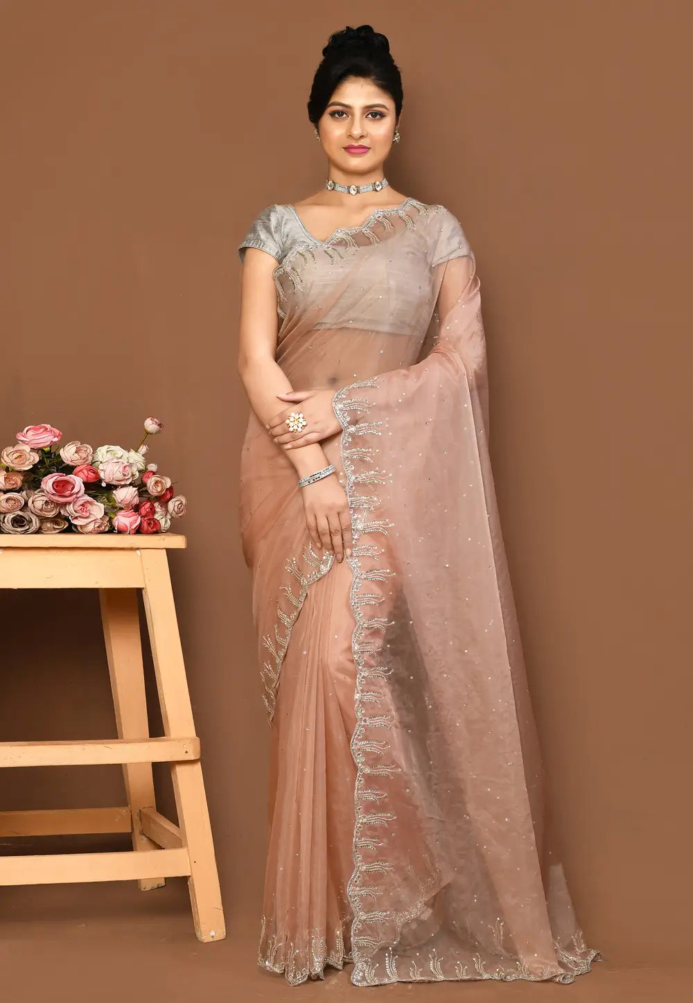 Peach Organza Saree With Blouse 296000