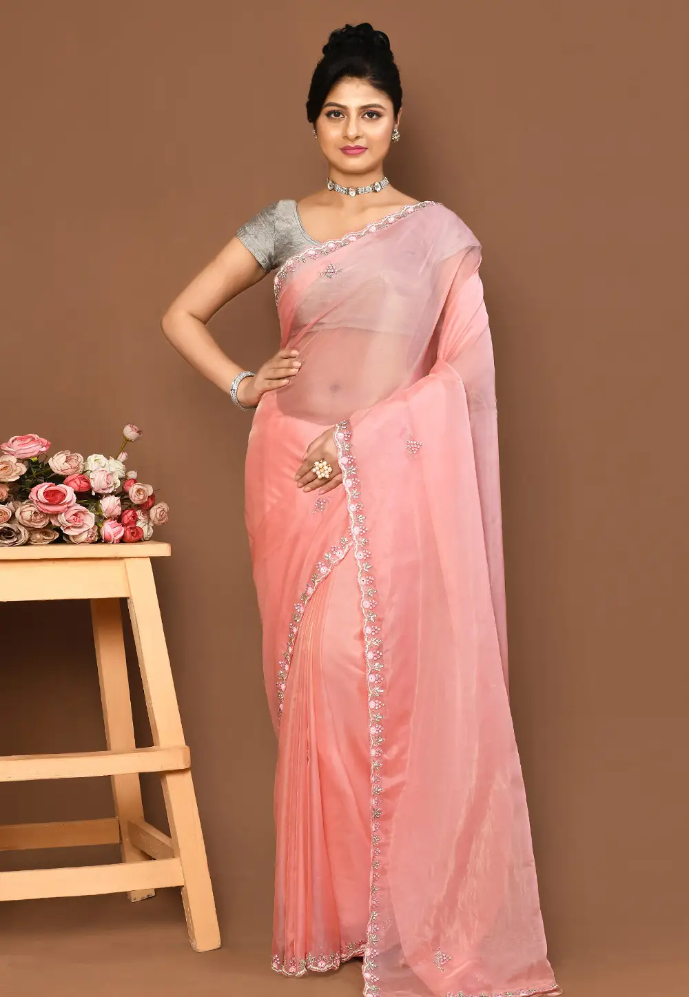 Peach Organza Saree With Blouse 296004