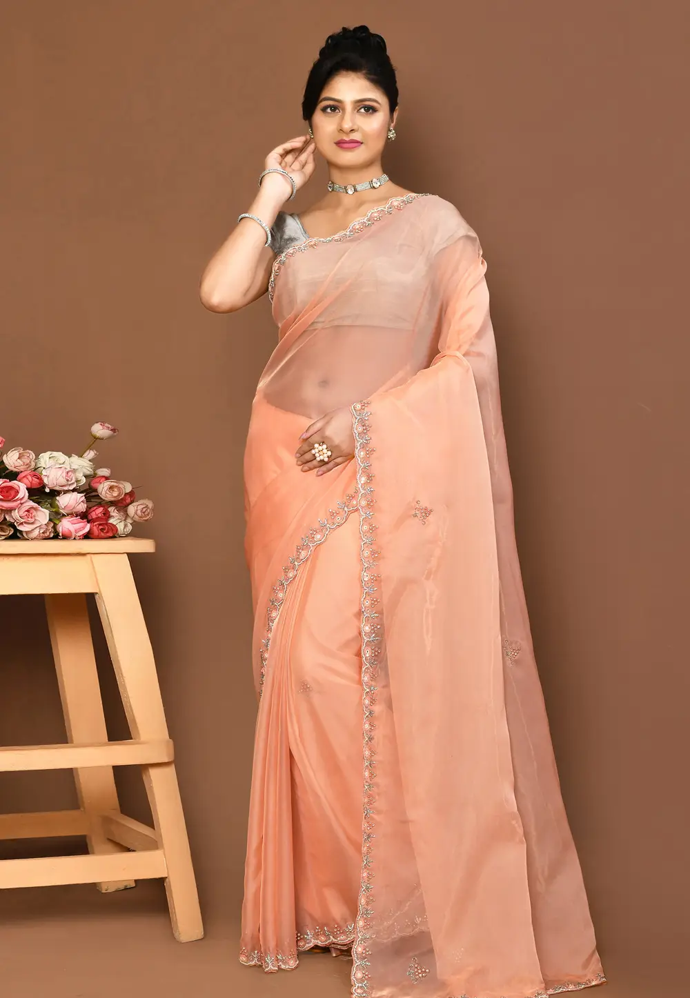 Peach Organza Saree With Blouse 296006