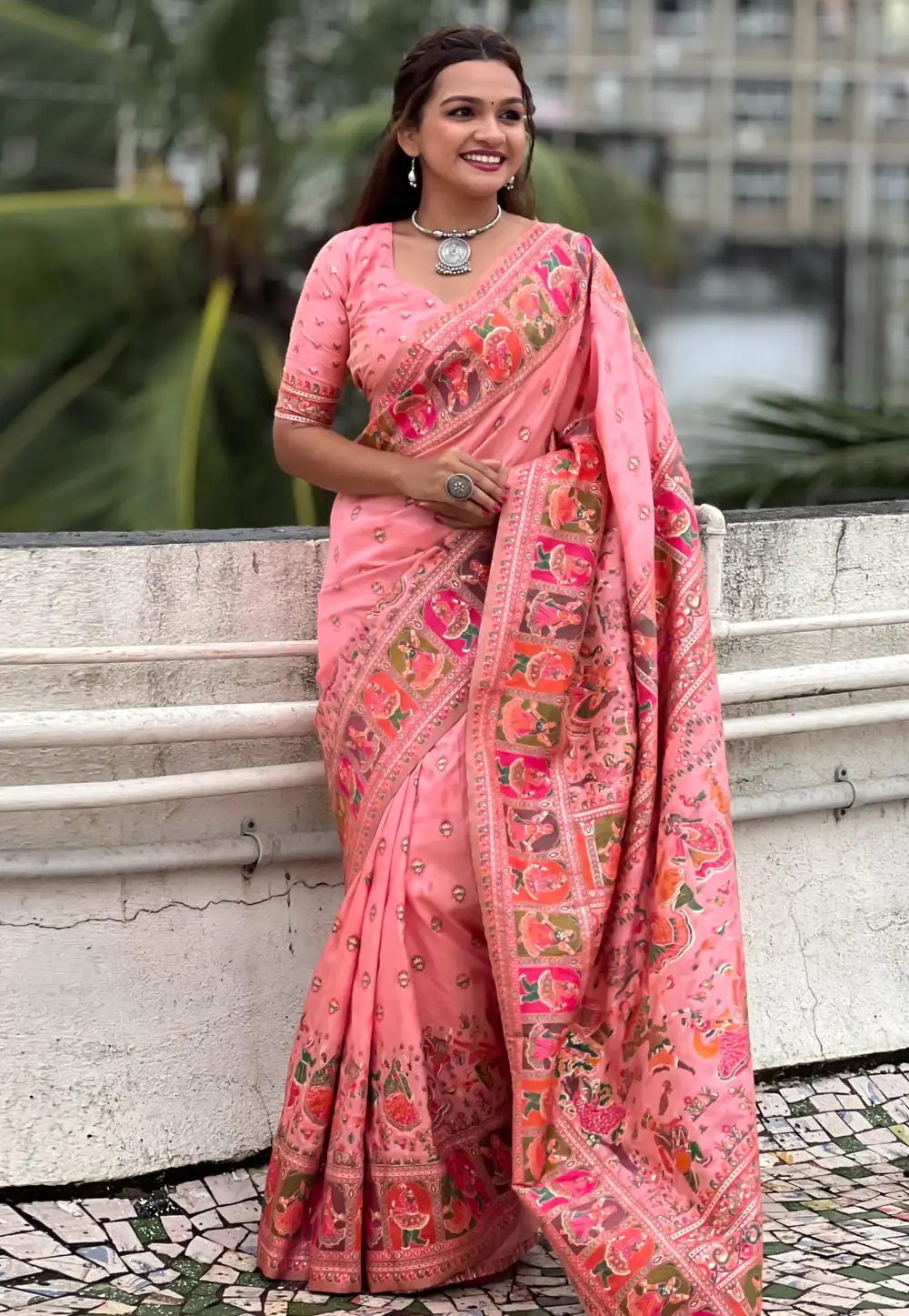 Peach Pashmina Saree With Blouse 295916