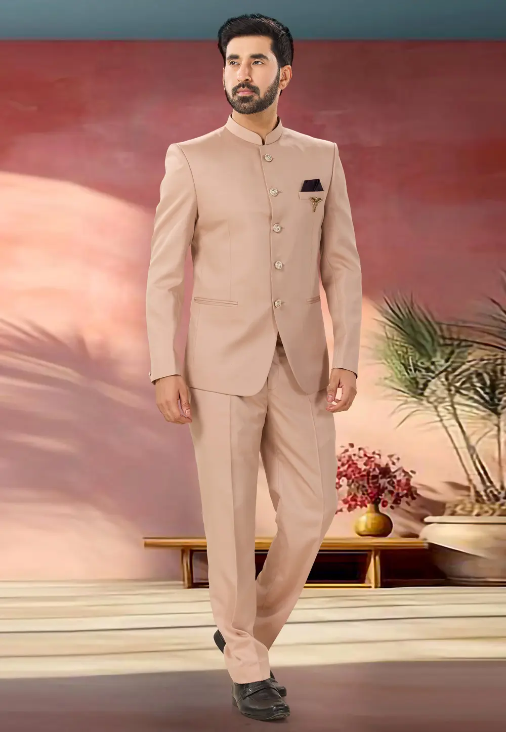 Peach Polyester Jodhpuri Suit 302182