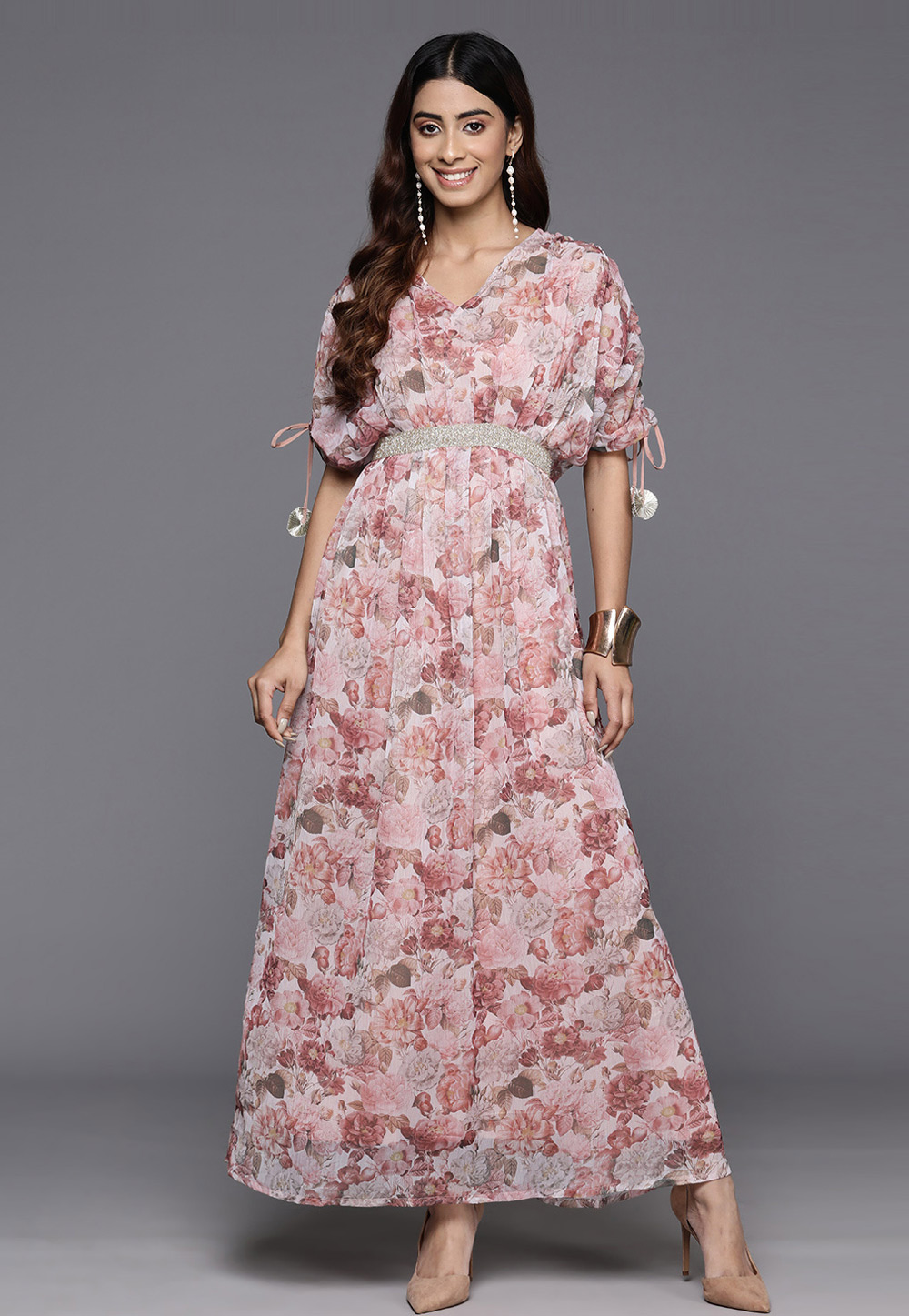 Peach Polyester Printed Gown 282018