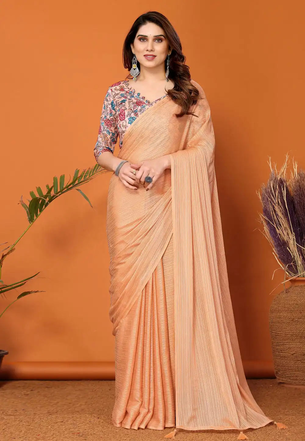 Peach Polyester Saree With Blouse 290708