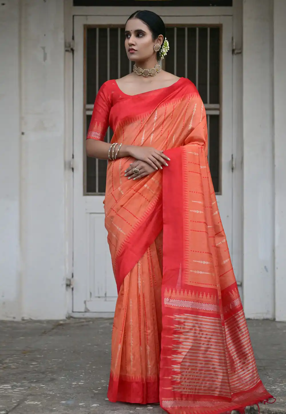 Peach Raw Silk Saree With Blouse 290840