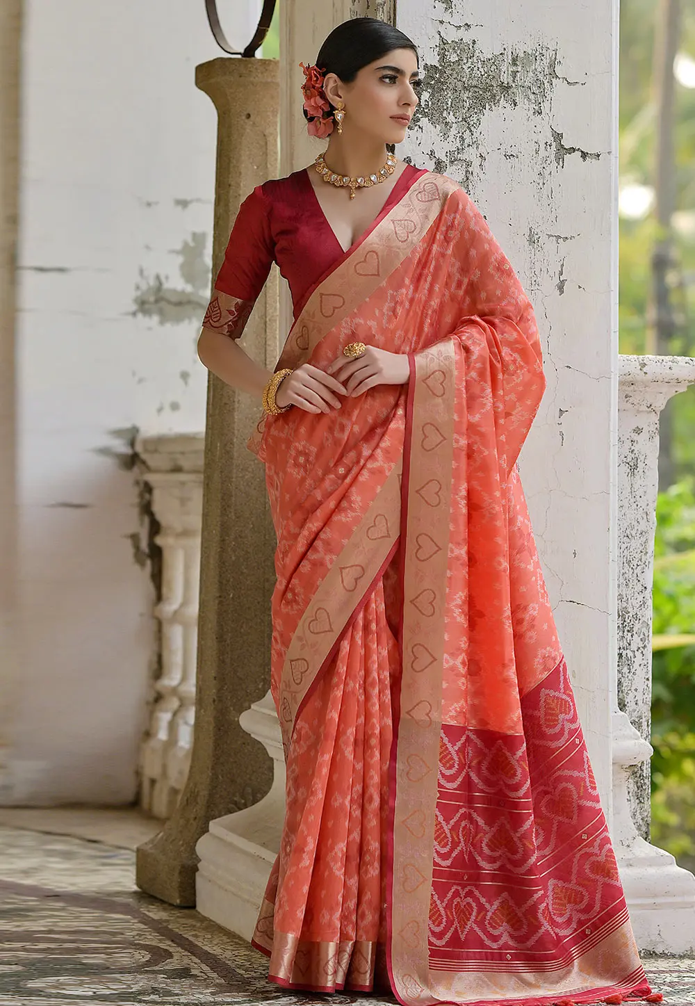 Peach Raw Silk Saree With Blouse 303438