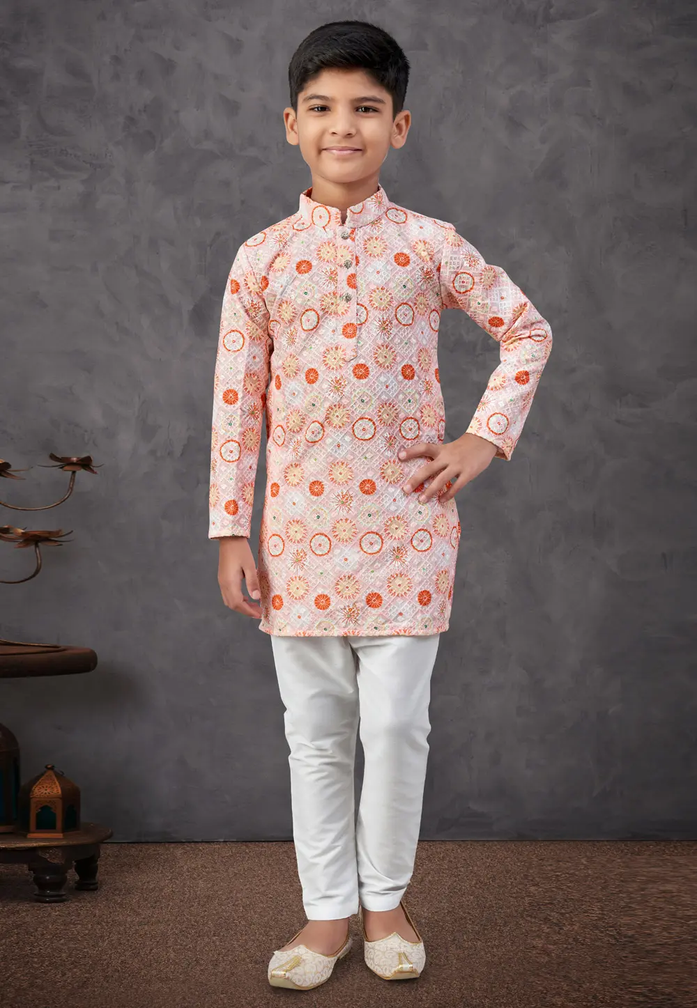 Peach Rayon Kids Kurta Pajama 301348