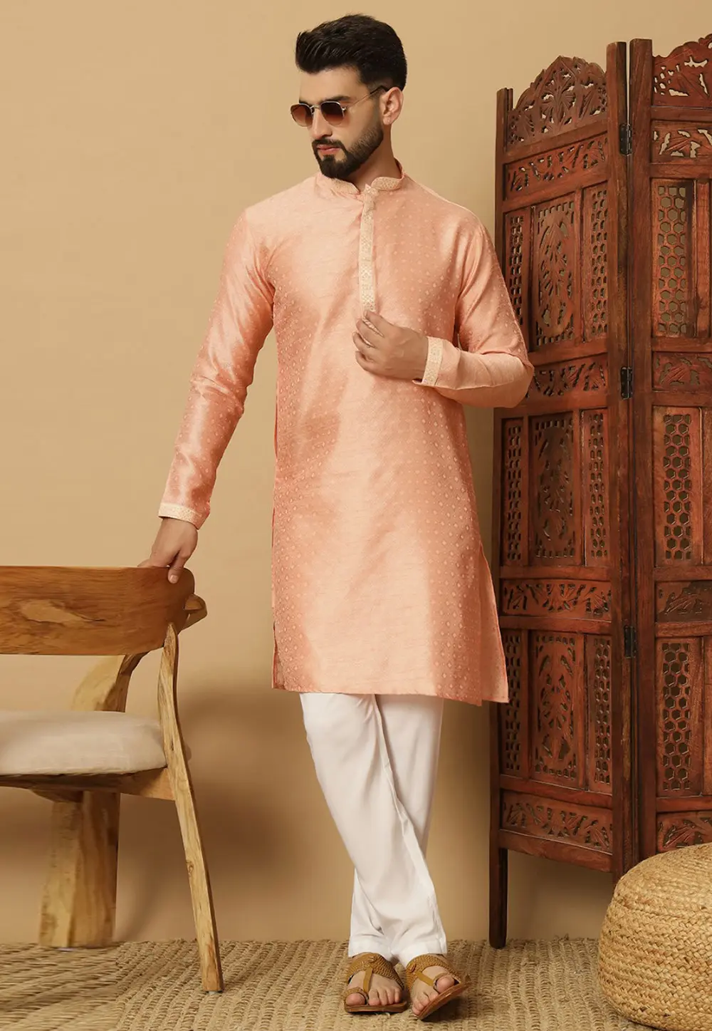 Peach Rayon Kurta Pajama 297693