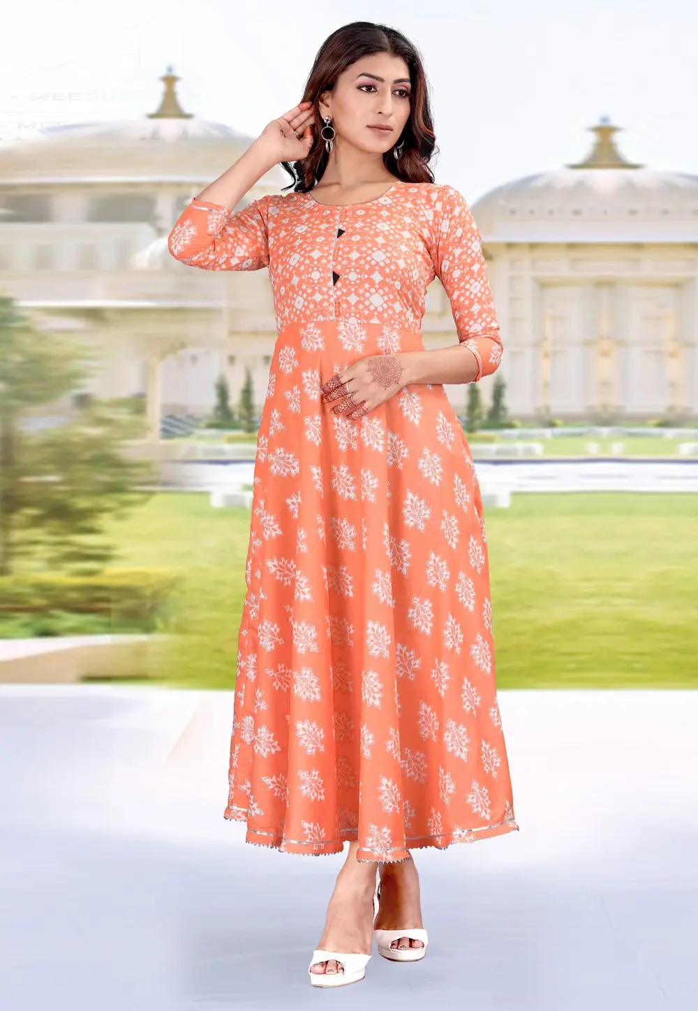 Peach Rayon Printed Gown 297041