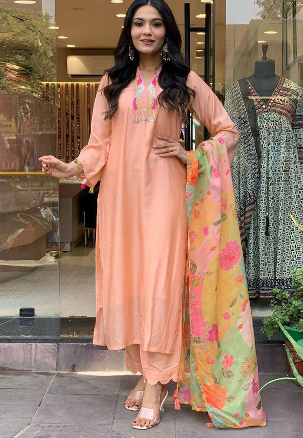 Peach Rayon Readymade Pakistani Suit 305023