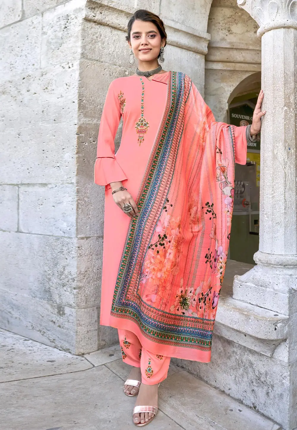 Peach Rayon Readymade Pakistani Suit 297207