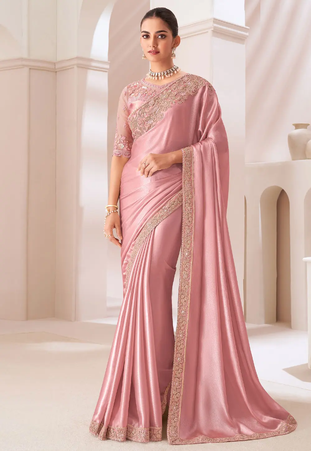 Peach Satin Chiffon Saree With Blouse 299439