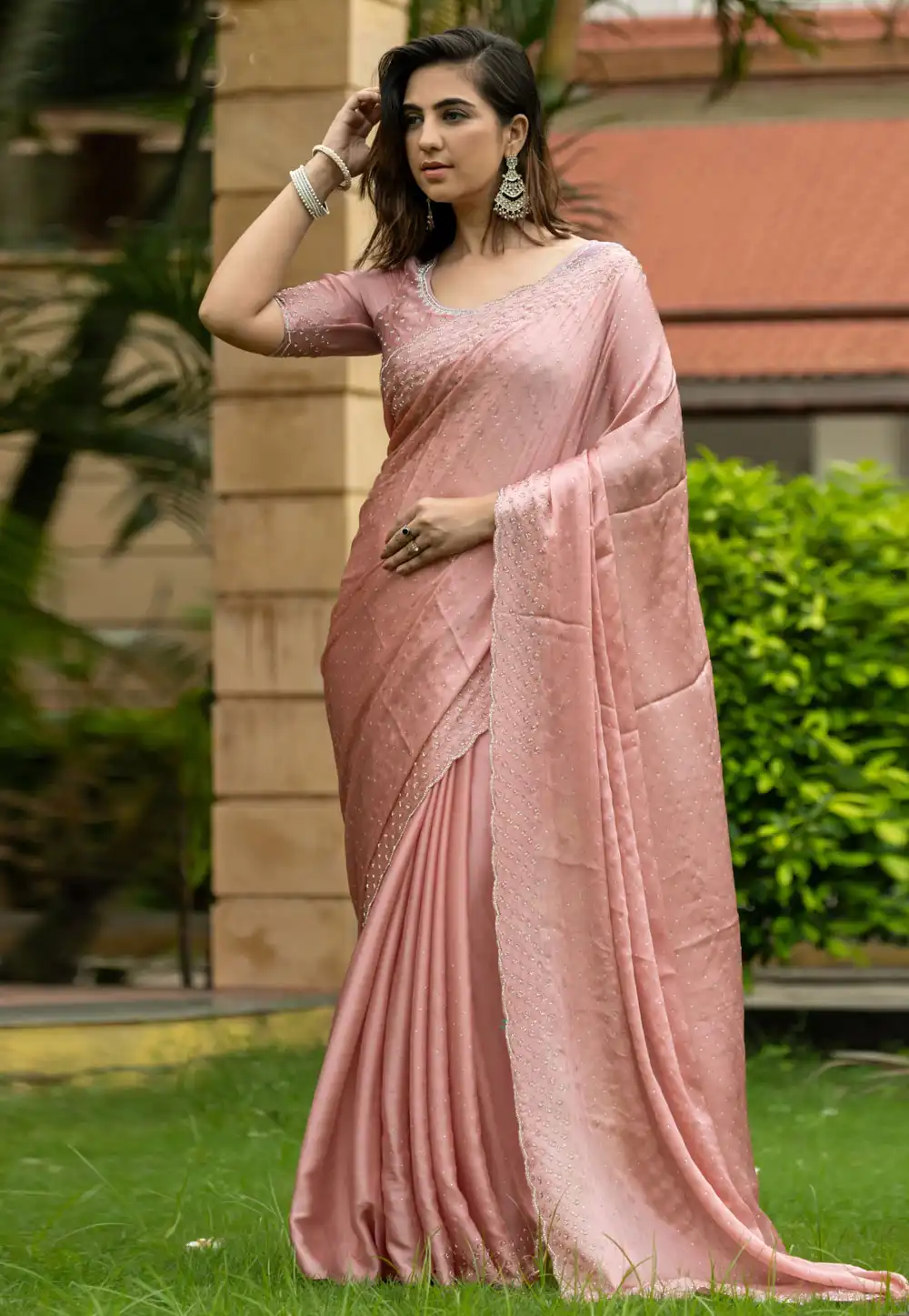 Peach Satin Chiffon Saree With Blouse 292247