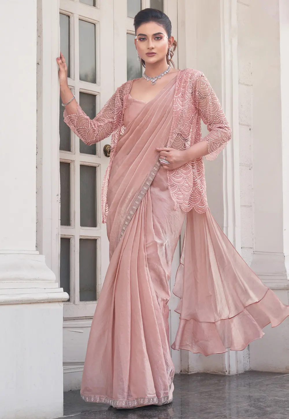 Peach Satin Silk Designer Lehenga Saree 304555