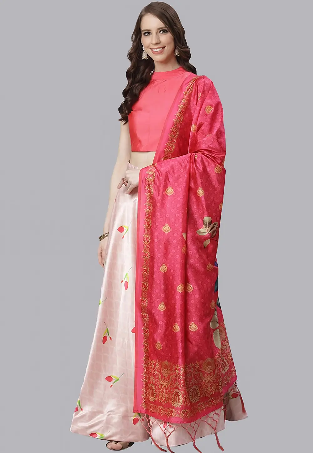 Peach Satin Silk Floral print Lehenga choli 297151