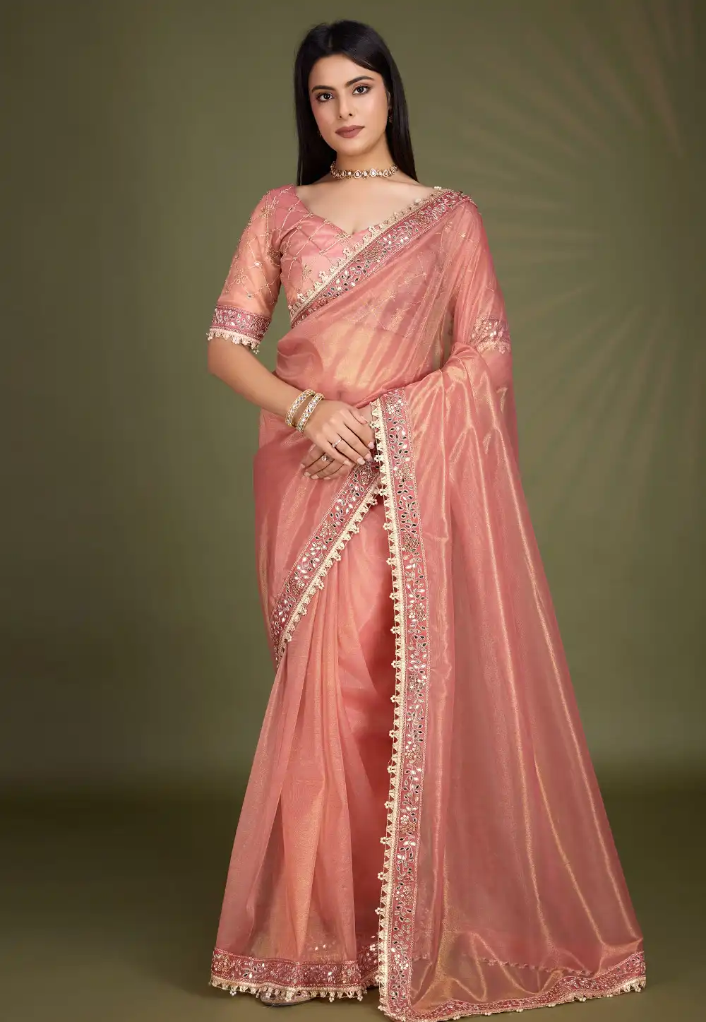 Peach Shimmer Net Saree With Blouse 294802