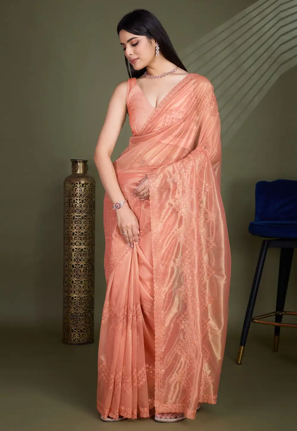 Peach Shimmer Net Saree With Blouse 295091