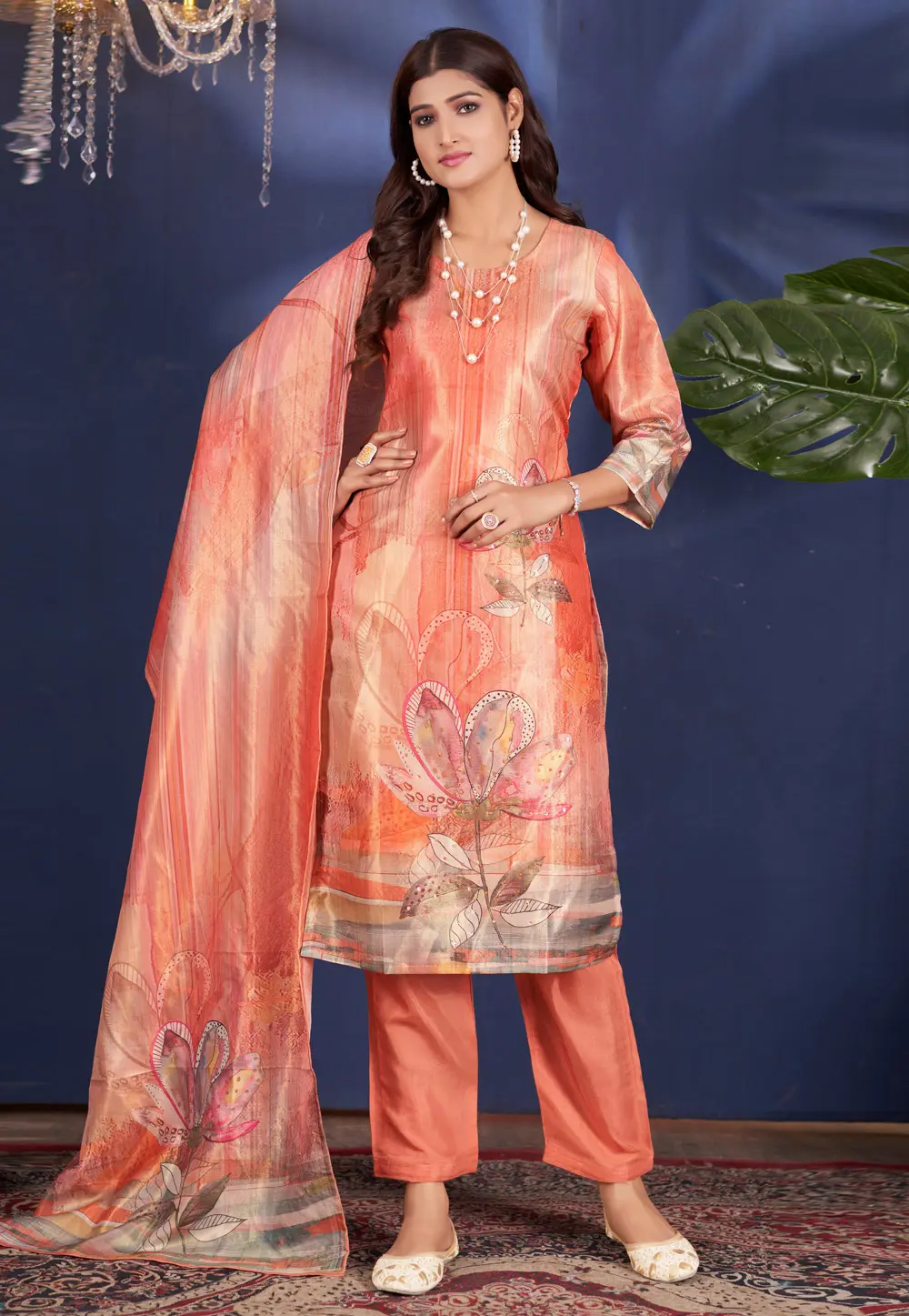 Peach Shimmer Readymade Pant Style Suit 299099