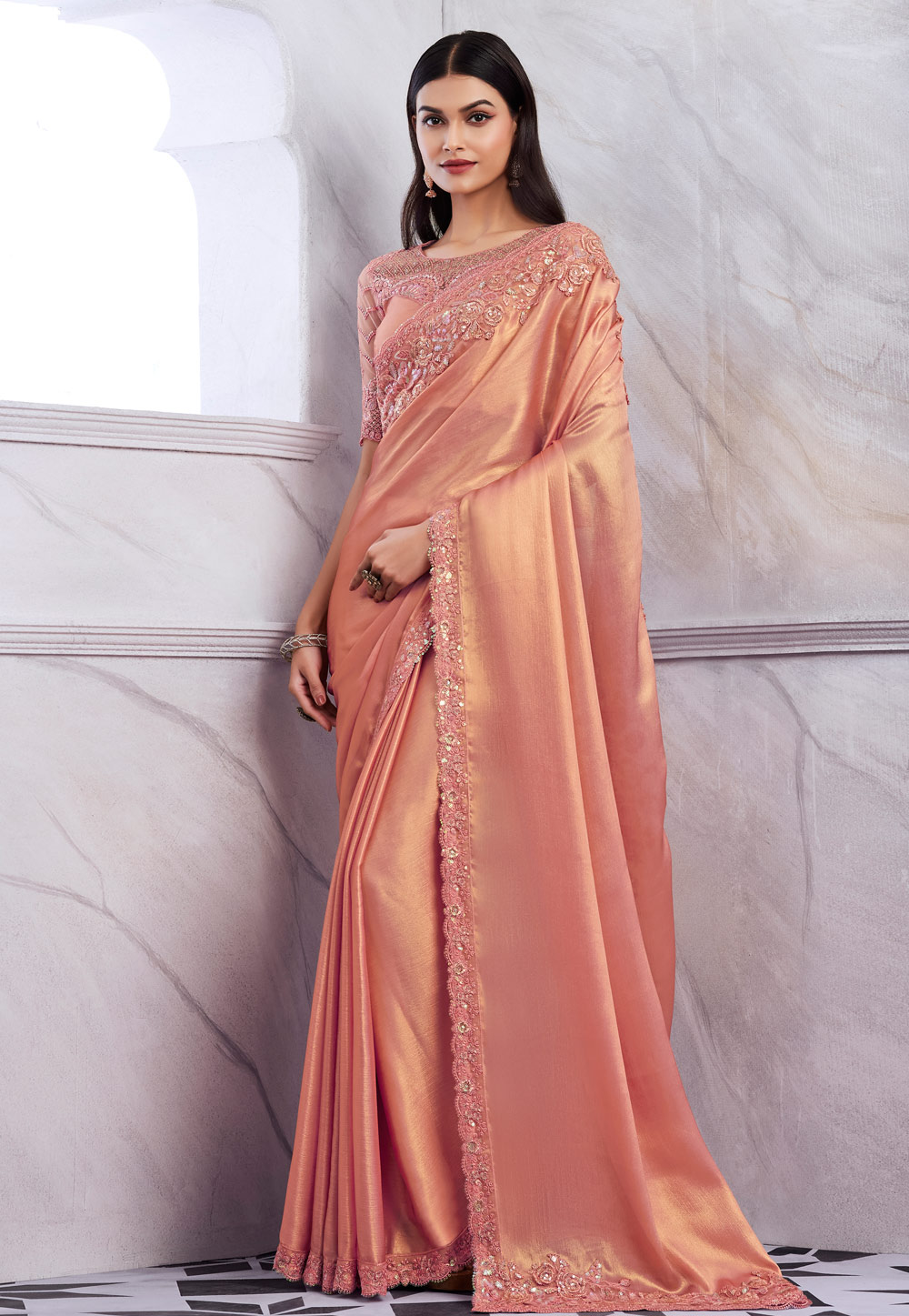 Peach Shimmer Saree With Blouse 283834