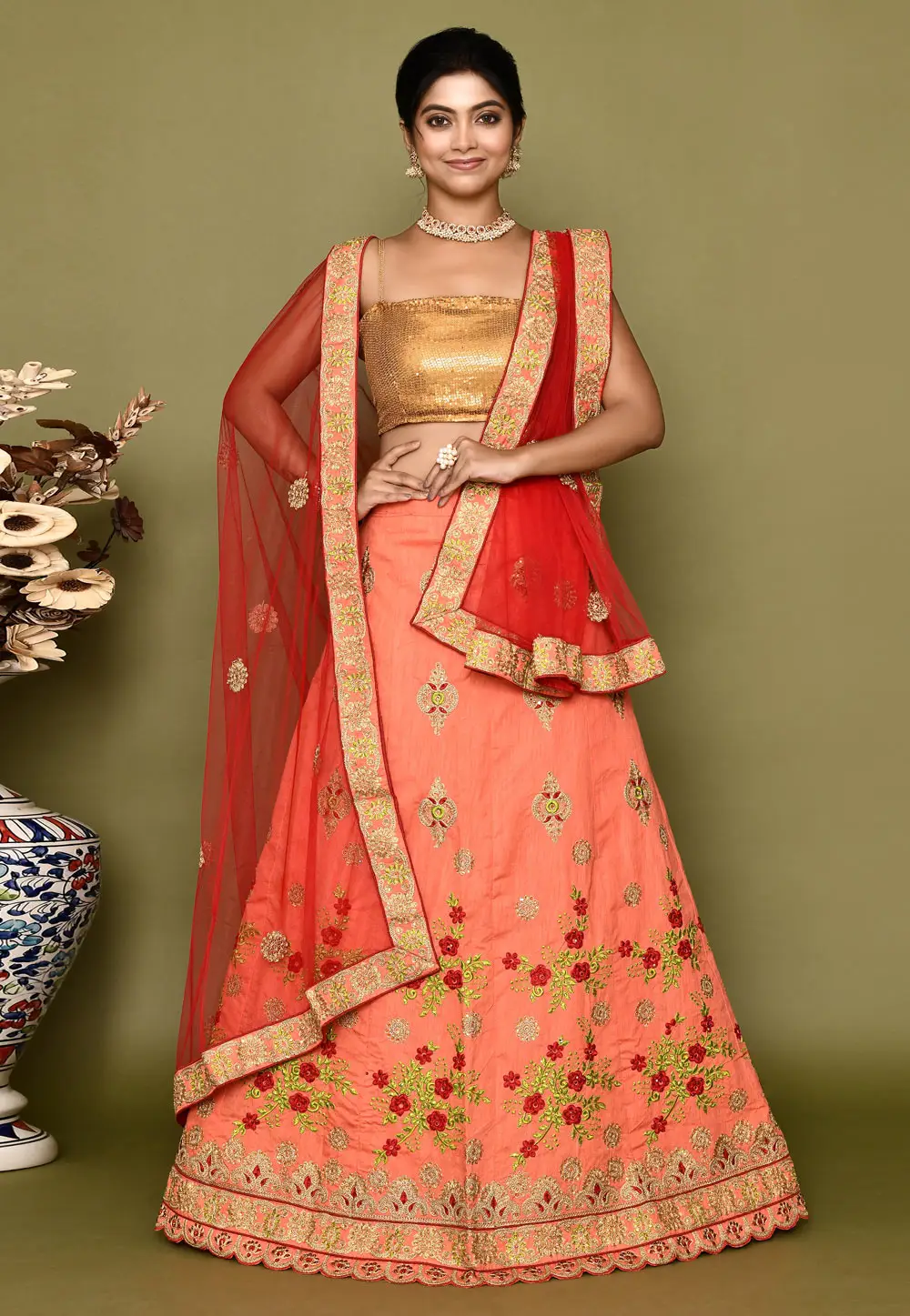 Peach Silk A Line Lehenga Choli 295793