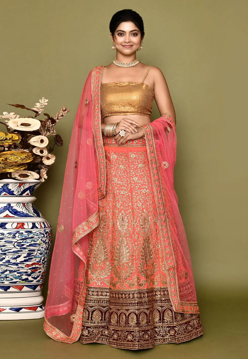 Peach Silk A Line Lehenga Choli 295798